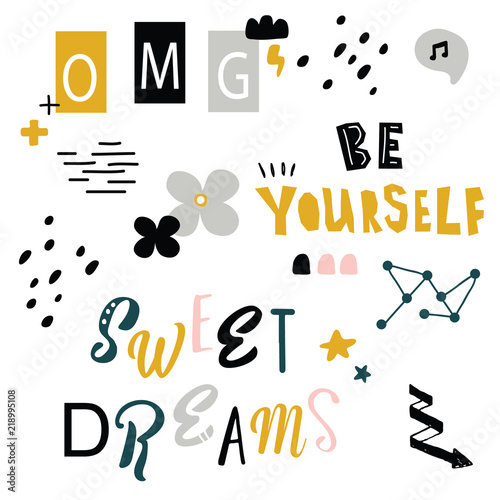 vector illustration of beautiful nesting doll print in Scandinavian style,with ornate funny lettering and cute characters,objects