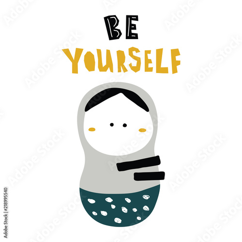 vector illustration of beautiful nesting doll print in Scandinavian style,with ornate funny lettering and cute characters,objects