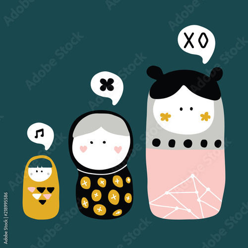 vector illustration of beautiful nesting doll print in Scandinavian style,with ornate funny lettering and cute characters,objects