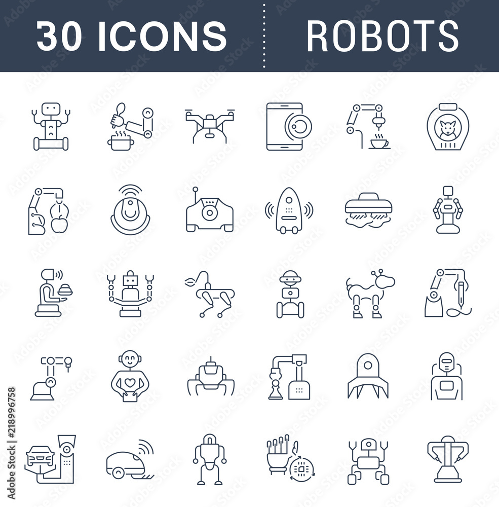 Set Vector Line Icons of Robots.