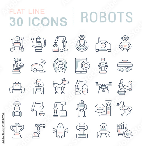 Set Vector Line Icons of Robots.