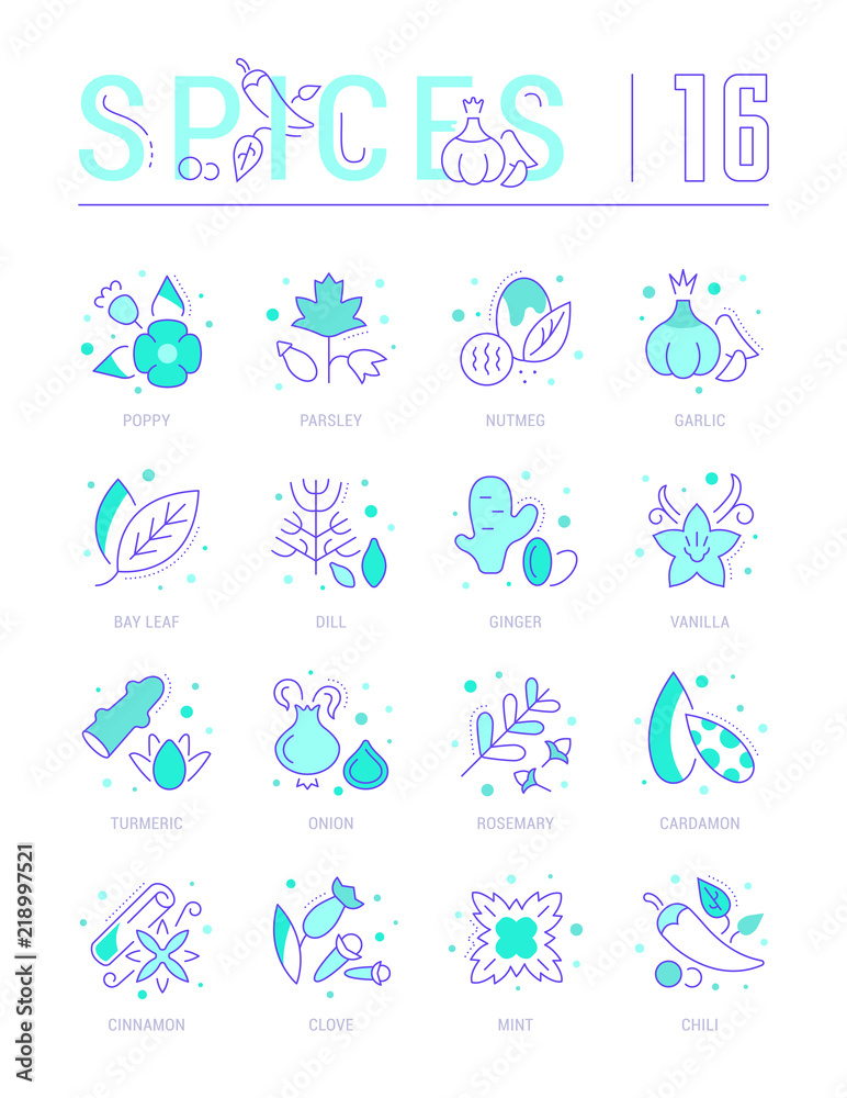 Set Blue Line Icons of Spices