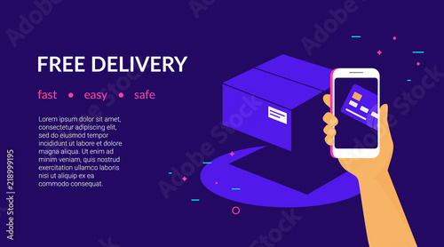 Free delivery for clients how pay by credit card via mobile app. Flat vector neon website template and landing page design of human hand holds smart phone and paying online by card using ecommerce app