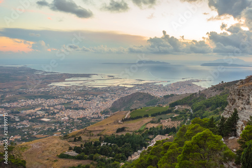 Beautiful panoramic view from Erice at Trapani and Egadi Islands , Sicily, Italy