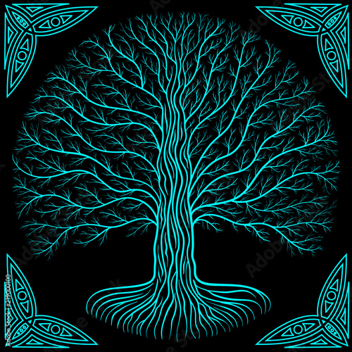 Druidic Yggdrasil tree at night, round silhouette, black and blue logo. Gothic ancient book style photo