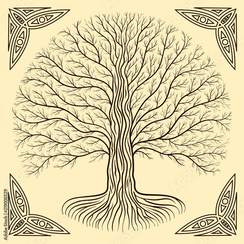 Druidic Yggdrasil tree, round, brown logo. Gothic ancient book style