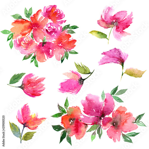 Watercolor flowers set. Pink flowers. Floral decorative elements. Painting flowers for greeting card.  
