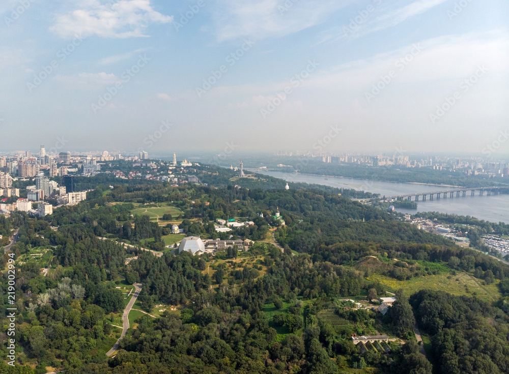 Aerial view Panorama of Kiev city above the National Botanical Garden named after M.M. Grishka.