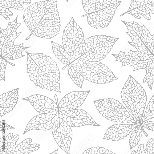 Vector autumn seamless pattern with oak, poplar, beech, maple, aspen and horse chestnut leaves of gray color on the white background. Fall ornament with detailed foliage.