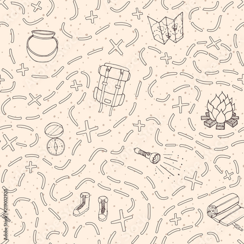 Hand drawn vector camping seamless pattern with backpack, bonfire, shoes, map, cauldron, sleeping bag, flashlight, compass and path to location outline. Travel ornament on the beige dotted background.