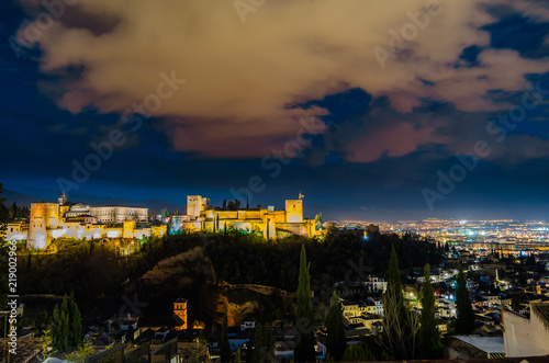 Night cityscape of Granada  Spain  with the Alhambra Palace in the background