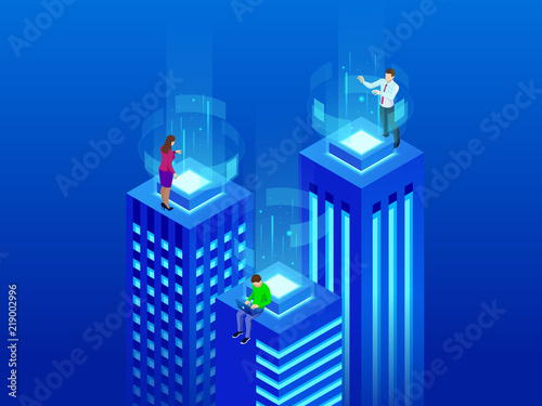 Isometric Intelligent buildings. Smart city concept. Business center with skyscrapers connected to the computer network.