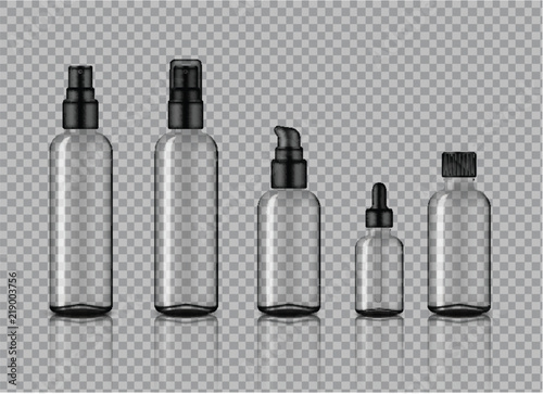 Mock up Realistic Glossy Transparent Glass Cosmetic Soap, Shampoo, Cream, Oil Dropper and Spray Bottles Set With Black Cap for Skincare Product Background Illustration