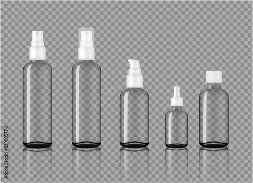 Mock up Realistic Glossy Transparent Glass Cosmetic Soap, Shampoo, Cream, Oil Dropper and Spray Bottles Set With White Cap for Skincare Product Background Illustration