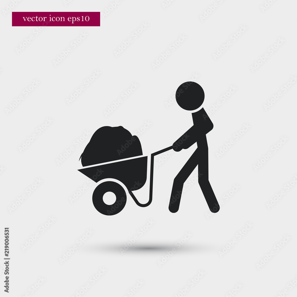 Farmer with wheelbarrow cart icon. Simple gardening element illustration. Vector symbol design from agriculture collection. Can be used in web and mobile. Farmer with wheelbarrow cart icon. Simple gardening element illustration. Vector symbol design from agriculture collection. Can be used in web and mobile.