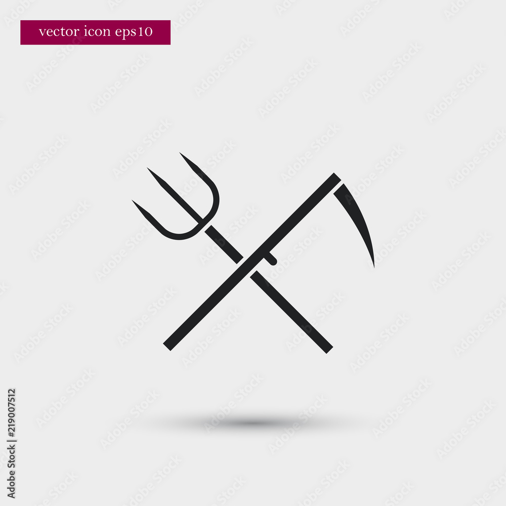 Pitchfork with scythe icon. Simple gardening element illustration