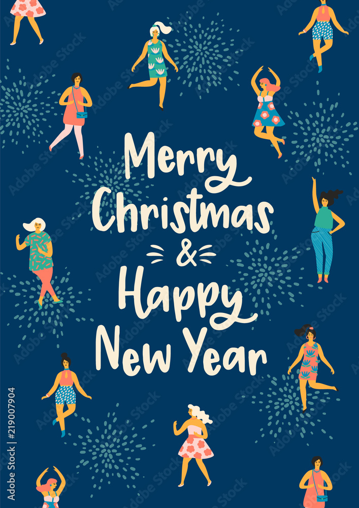 Fototapeta premium Christmas and Happy New Year illustration with dancing women.