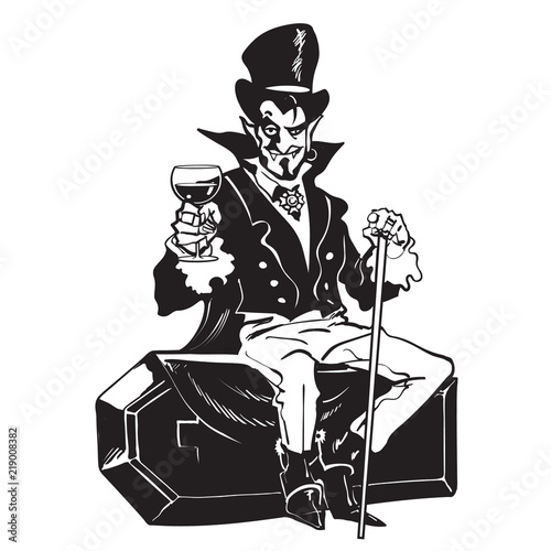 Count Dracula sitting on the coffin. Halloween cartoon vampire character.