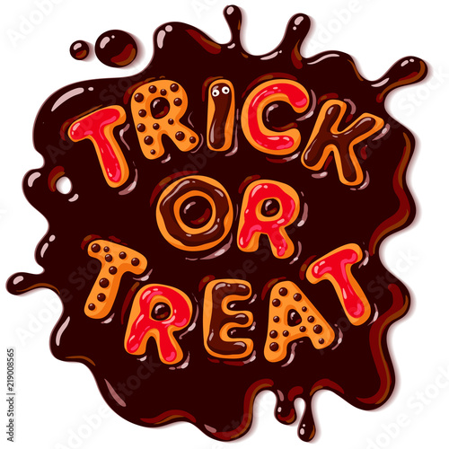 Halloween gingerbread cookies. Trick or Treat letters in puddle of chocolate. Vector.