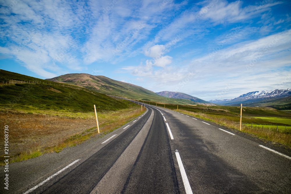 Typical Icelandic landscape with asphalt road. 