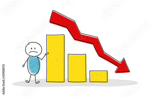 Funny hand drawn businessman showing column graph. Vector.