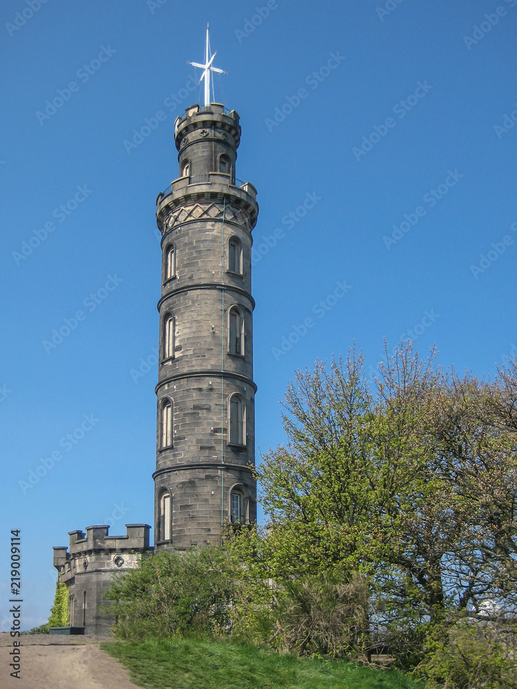 View of Nelson Monument, a commemorative tower in Edinburgh, Scotland