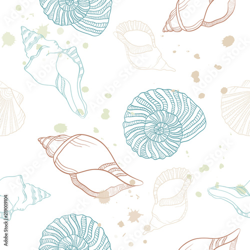 Seashell seamless pattern hand drawn art line ocean marine. Vector illustration in sketch vintage style. Great for card,  package, wedding prints, decor. 
