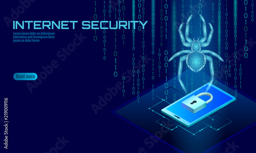 Isometric 3D spider hacker attack danger. Web security virus data safety antivirus concept. Smartphone lock design business concept. Cyber crime web insect bug technology vector illustration
