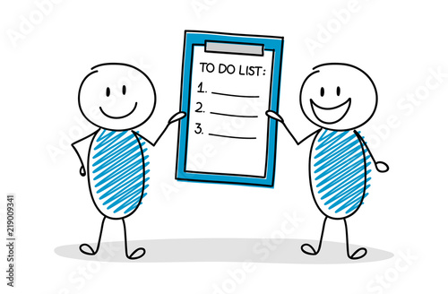 Group of stickmen showing clipboard with empty to do list. Vector.