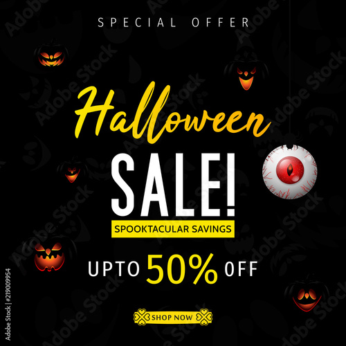 Hallowen Sale vector illustration with pumpkin head. Halloween special offer.