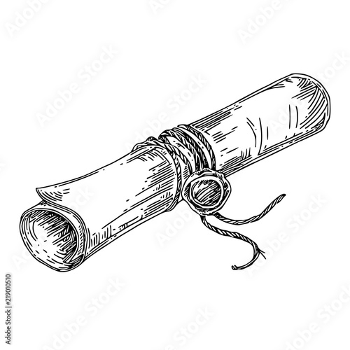 Old scroll with seal. Sketch. Engraving style. Vector illustration.