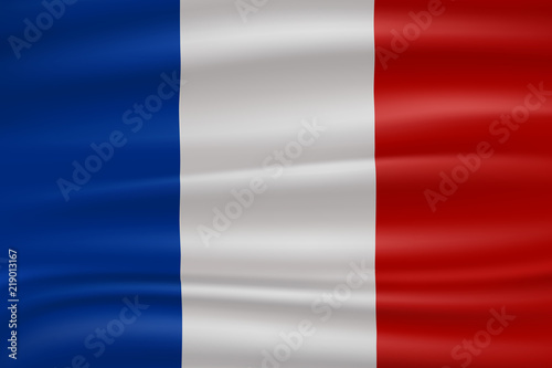 National flag of France on wavy cotton fabric. Realistic vector illustration.