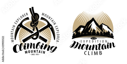 Mountaineering, climbing logo or label. Expedition, mountain climb emblem. Vintage lettering vector photo