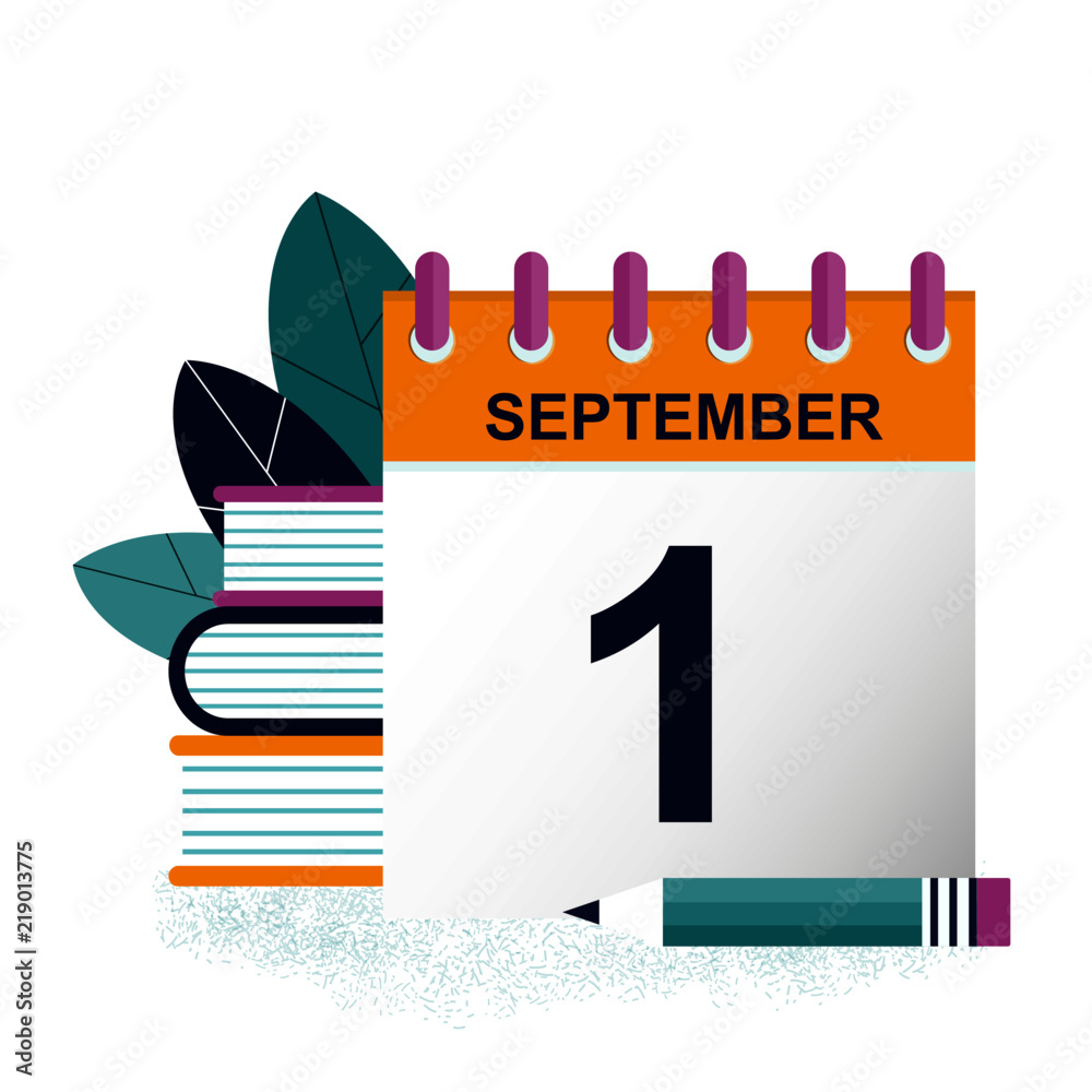A leaf calendar with a date. Calendar, a stack of books and a pencil. Day of  knowledge. September 1. Vector flat illustration. Holidays in September  Stock Vector | Adobe Stock