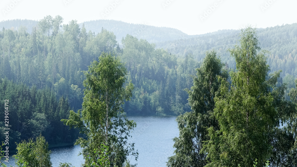 Beautiful sunny, foggy day in forest mountain landscape. Lake and trees in foreground. Northern Sweden.