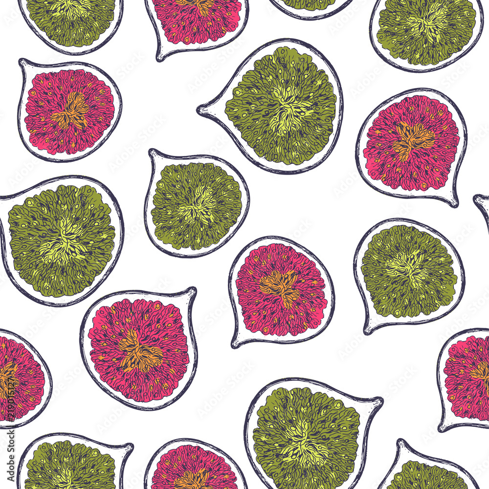 Naklejka premium Funny fig fruit vintage seamless pattern. Botanical background. Engraved fig. Vector illustration