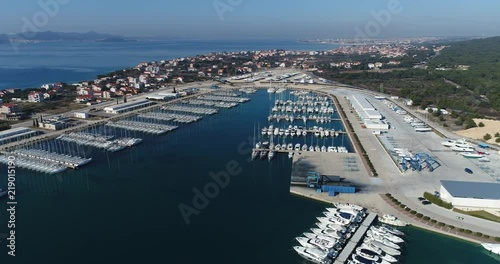 Aerial view of marina Dalmacija, harbour, port, yacht club in Sukošan, Adriatic sea, Croatia