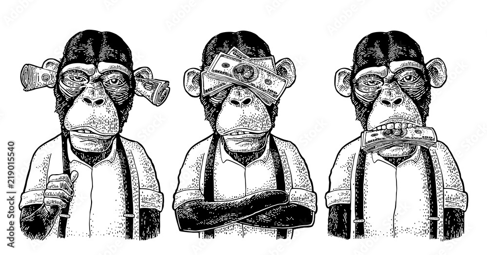 Fototapeta premium Trzy mądre małpy. Nie widzieć, nie słyszeć, nie mówić. Grawerowanie vintage