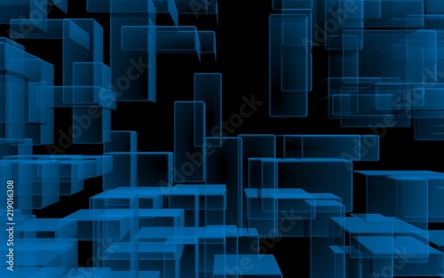 Blue and dark abstract digital and technology background. The pattern with repeating rectangles. 3D illustration