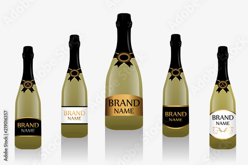 Champagne bottle or sparkling wine with label. Collection of five light glass bottles isolated on white background. Vector