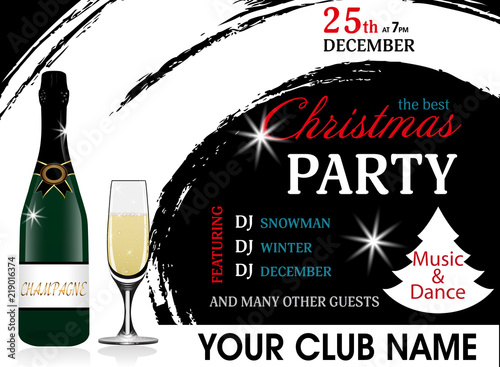 Christmas party invitation template with champagne bottle and wineglass. New Year background. Vector