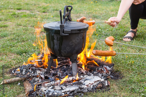 Obraz na płótnie Baked potatoes in metallic cauldron. Traditional polish dish. Components: potatoes,sausage,carrot,onion,beetroot,bacon,salt and pepper. w salonie