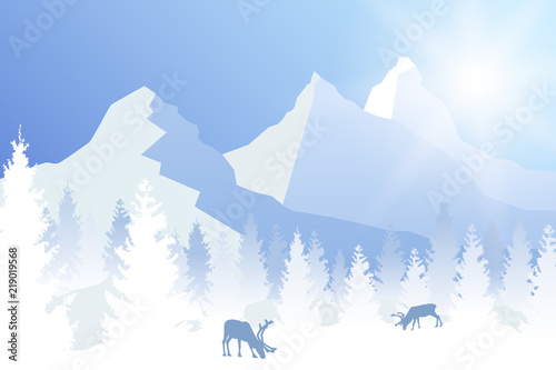 Vector sunny winter forested landscape in blue color with grazing deer and mountains.