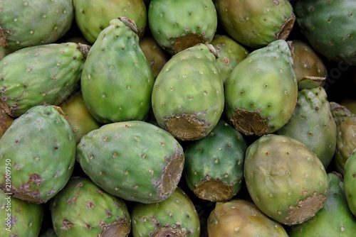 Full frame view of fresh Colombian Higo fruit, or Opuntia ficus-indica, farmers market, Medellin, South America