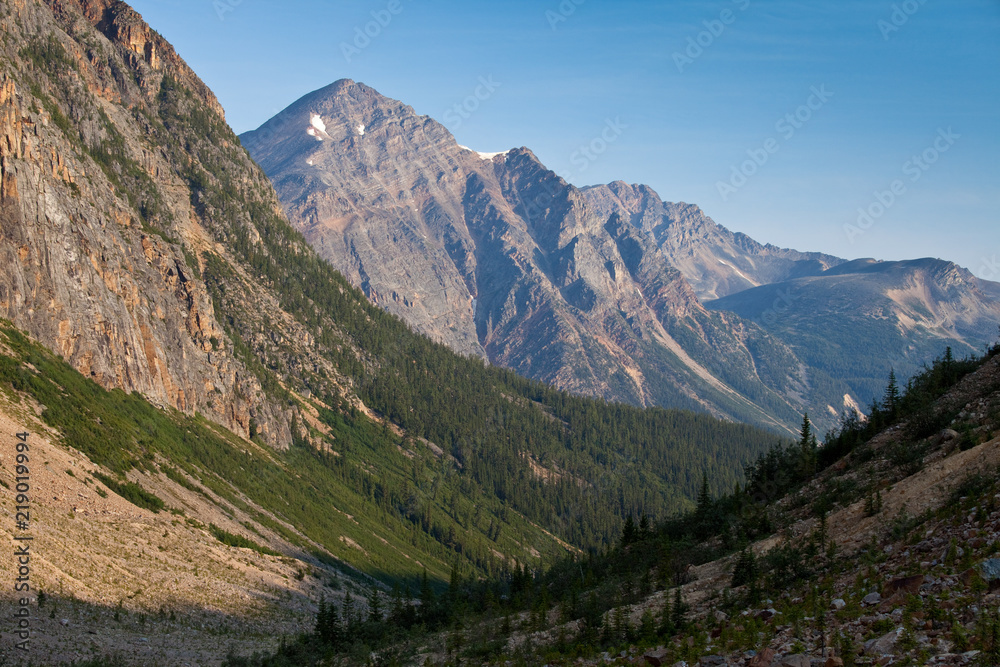View in to a mountain valley in Jasper National Park, Alberta, Canada