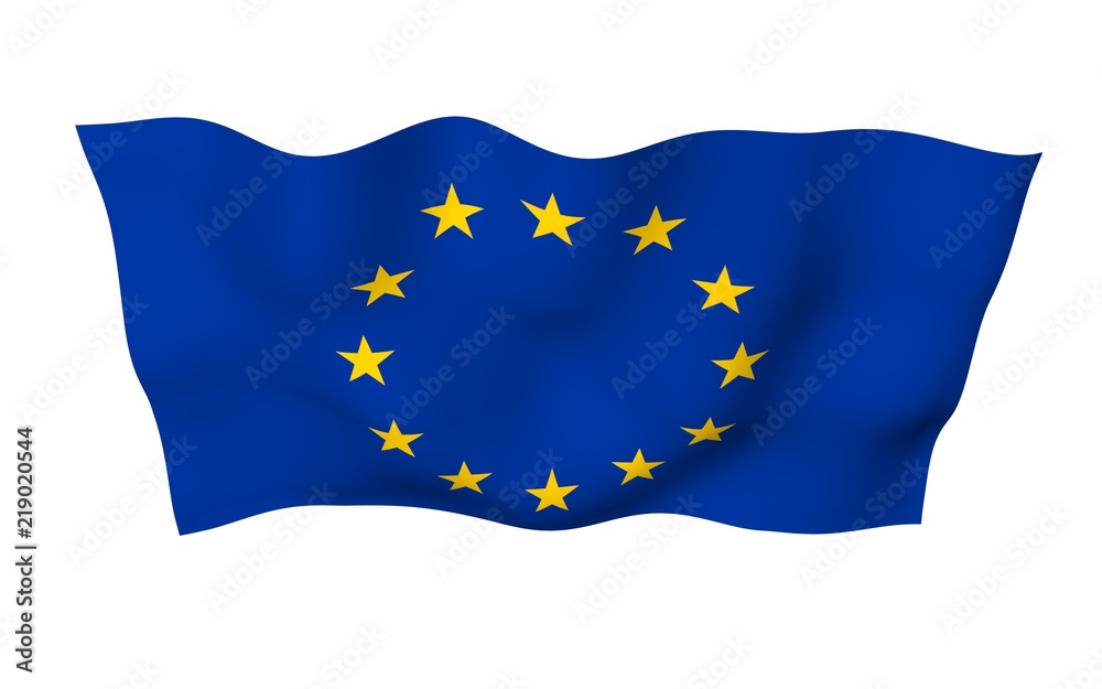 Slightly waving flag of the European Union isolated on white background, 3D rendering. Symbol of Europe. 3D illustration Slightly waving flag of the European Union isolated on white background, 3D rendering. Symbol of Europe. 3D illustration