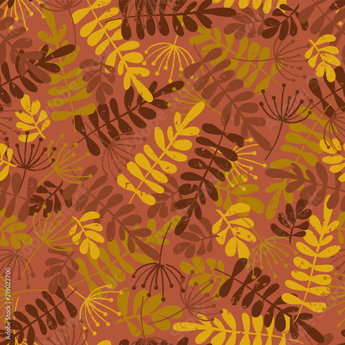 Seamless vector seasonal pattern of autumn leaves. Golden, brown, and pink leaf silhouette fall background. Distressed. For fabric, paper, wallpaper, web banner, invitation, Thanksgiving. Robinia, ash