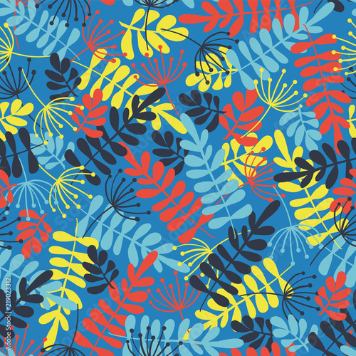 Abstract Robinia, ash leaves seamless vector background. Yellow, red, blue leaf silhouette background. For fabric, paper, wallpaper, web banner, invititations, Thanksgiving, book cover, kids, children