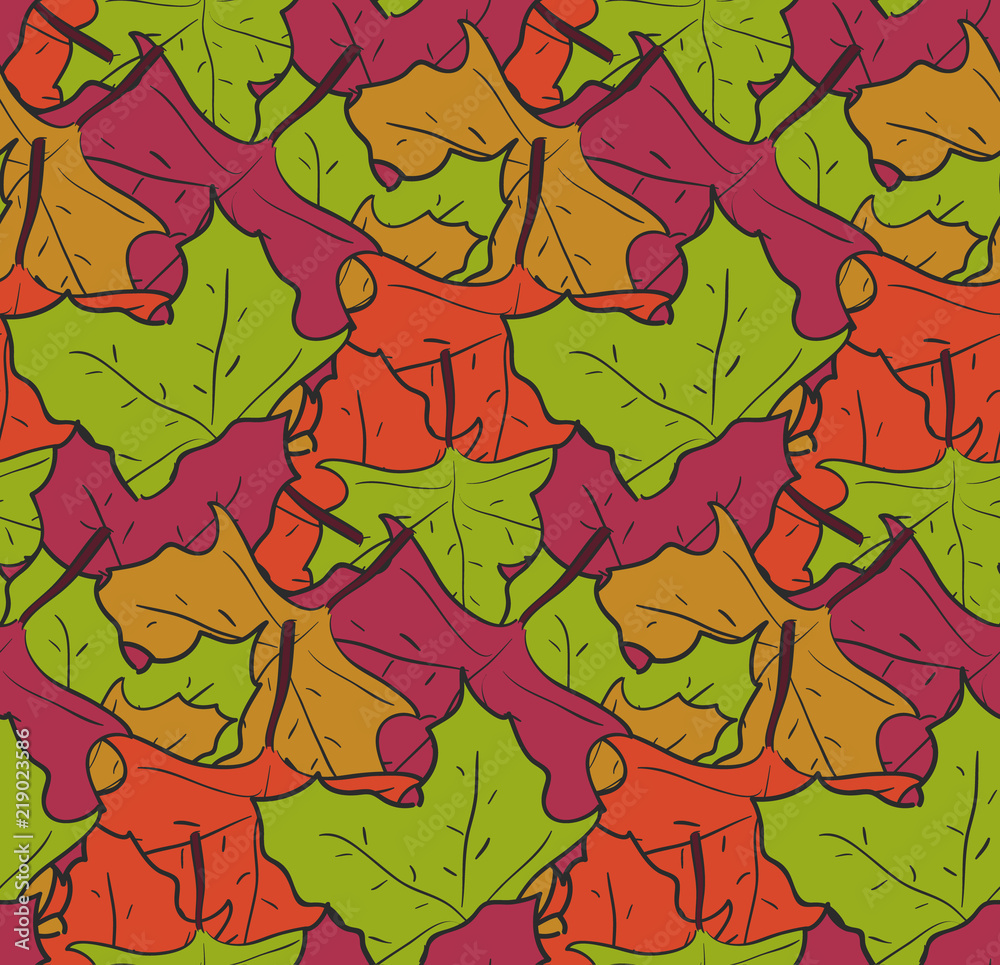 Cute seamless pattern with mess of falling green, orange and red maple leaves. Nice autumn texture for textile, wrapping paper, cover, wallpaper, background, surface