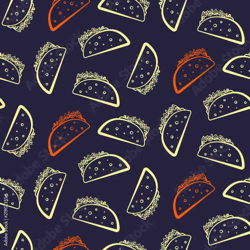 Contrast seamless pattern with cute cartoon yellow and red mexican taco. Funny tacos texture for fast food textile, wrapping paper, package, restaurant or cafe menu banners